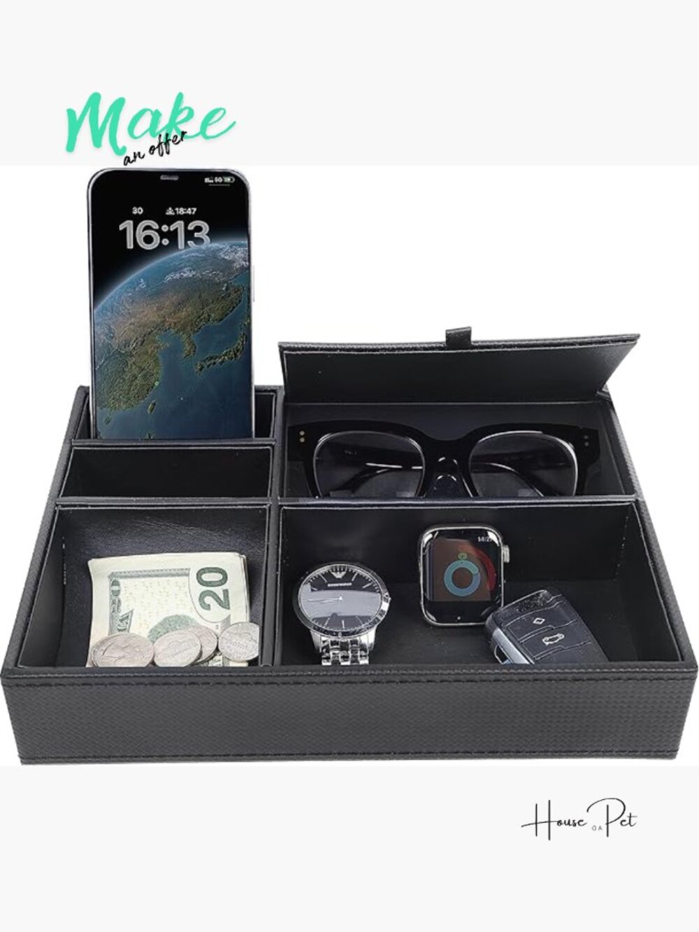 Faux Leather Valet Tray with 5 Compartments for Watch Keys Wallet Glasses